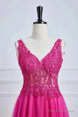 Fuchsia A-Line Long Prom Dress Plunging V Neck Floral