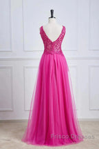 Fuchsia A-Line Long Formal Prom Dress Plunging V Neck Floral
