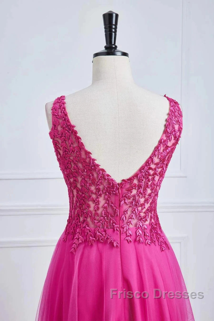 Fuchsia A-Line Long Formal Prom Dress Plunging V Neck Floral