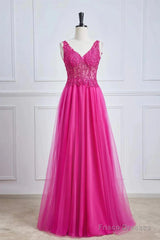Fuchsia A-Line Long Prom Dress Plunging V Neck Floral