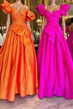 Fuchsia A Line Long Formal Prom Dress with Puff Sleeves