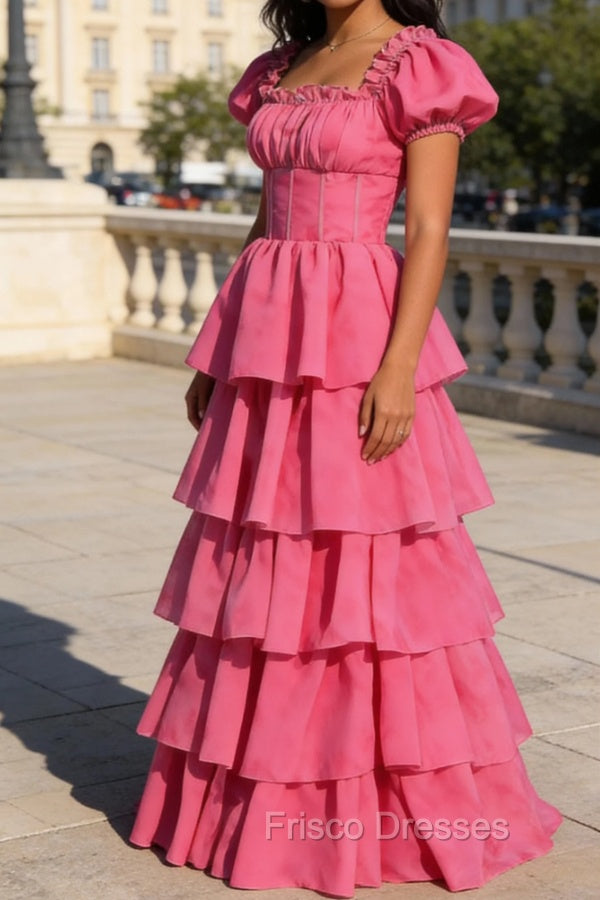 Fuchsia A Line Square Neck Tiered Prom Dress With Ruffles Secondary image