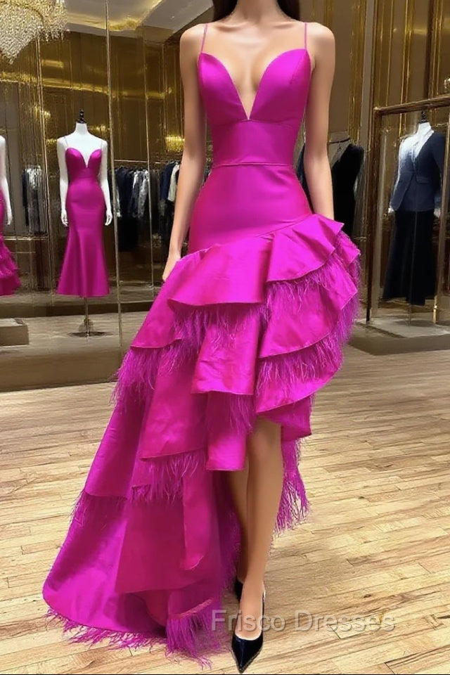 Fuchsia A Line V Neck Irregular Long Formal Prom Dress
