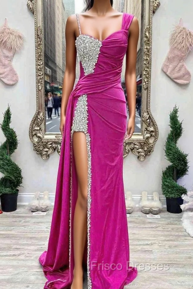 Fuchsia Asymmertrical Beaded Crystal Formal Prom Dress