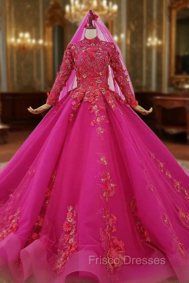 Fuchsia Ball Gown High Neck Long Sleeve Appliques Beading Wedding Dress Main image