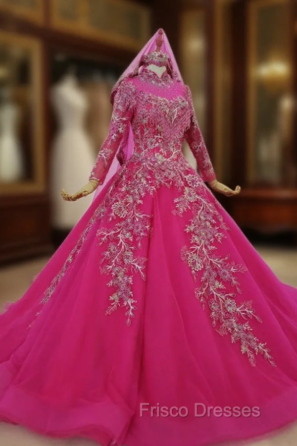 Fuchsia Ball Gown High Neck Long Sleeve Embroidery Appliques Wedding Dress