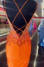 Fuchsia Beaded Plunge V Lace-Up Short Homecoming Dress