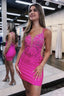Fuchsia Beaded Plunge V Lace-Up Short Homecoming Dress