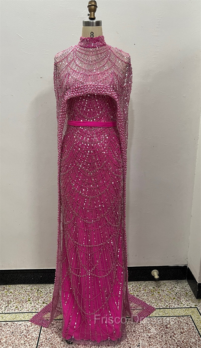 Fuchsia Beading Formal Prom Dress Sweep Train High Neck Zipper Sleeveless Evening Dress Secondary image
