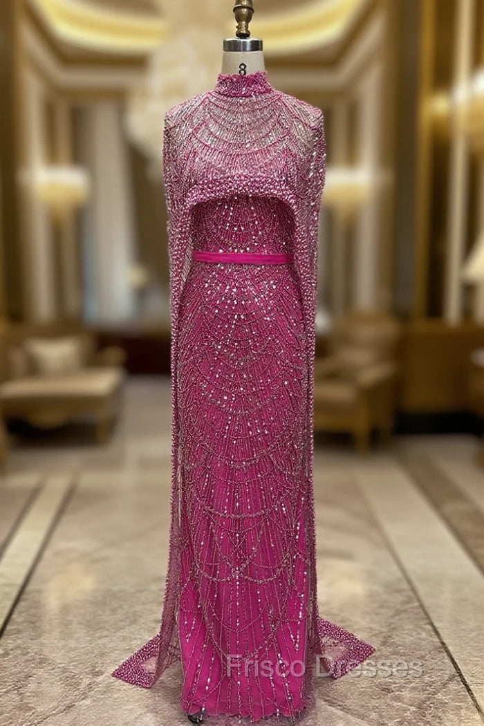 Fuchsia Beading Formal Prom Dress Sweep Train High Neck Zipper Sleeveless Evening Dress Main image