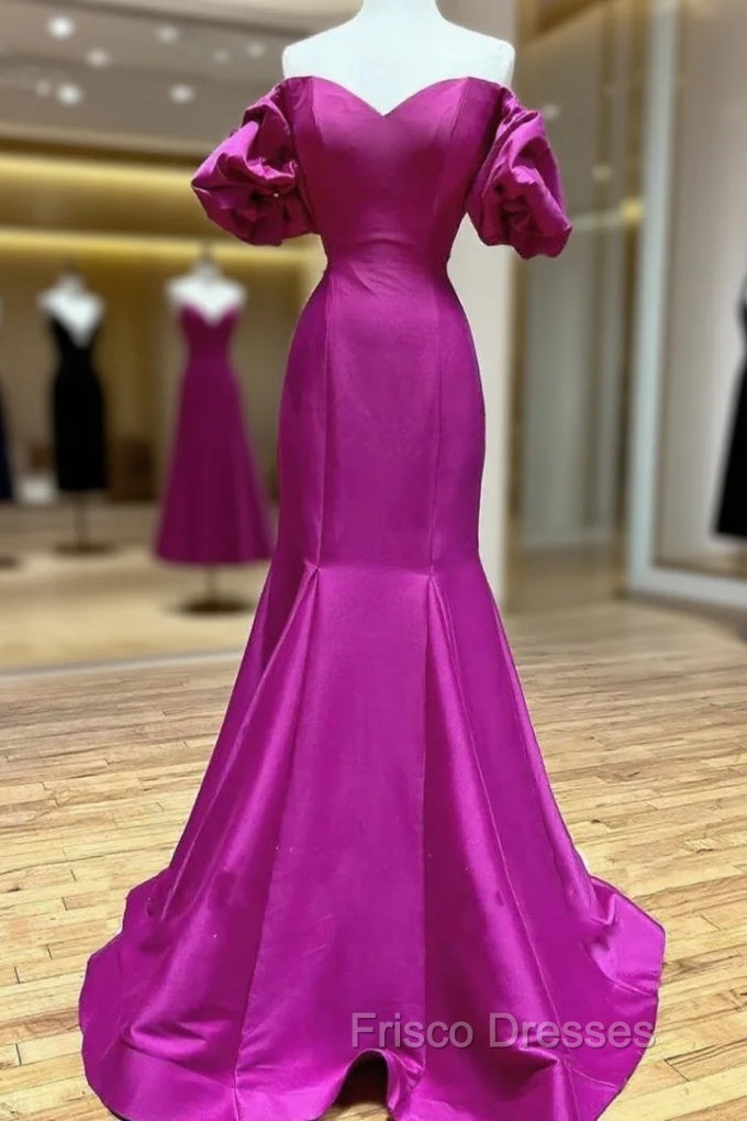 Fuchsia Mermaid Satin Strapless Puff Sleeve Formal Prom Dress Main image