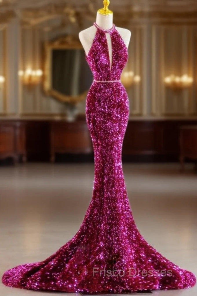 Fuchsia Mermaid Sequins Halter Formal Prom Dress Main image
