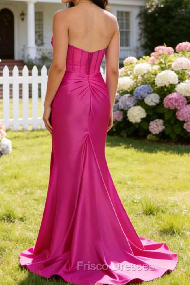 Fuchsia Mermaid Strapless Pleated Corset Long Prom Dress with Slit