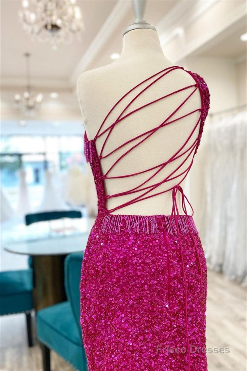 Fuchsia One Shoulder Lace-Up Sequins Homecoming Dress with Tassels Secondary image