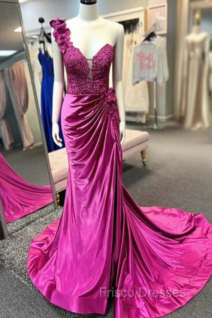 Fuchsia One Shoulder Satin Flower Formal Prom Dress