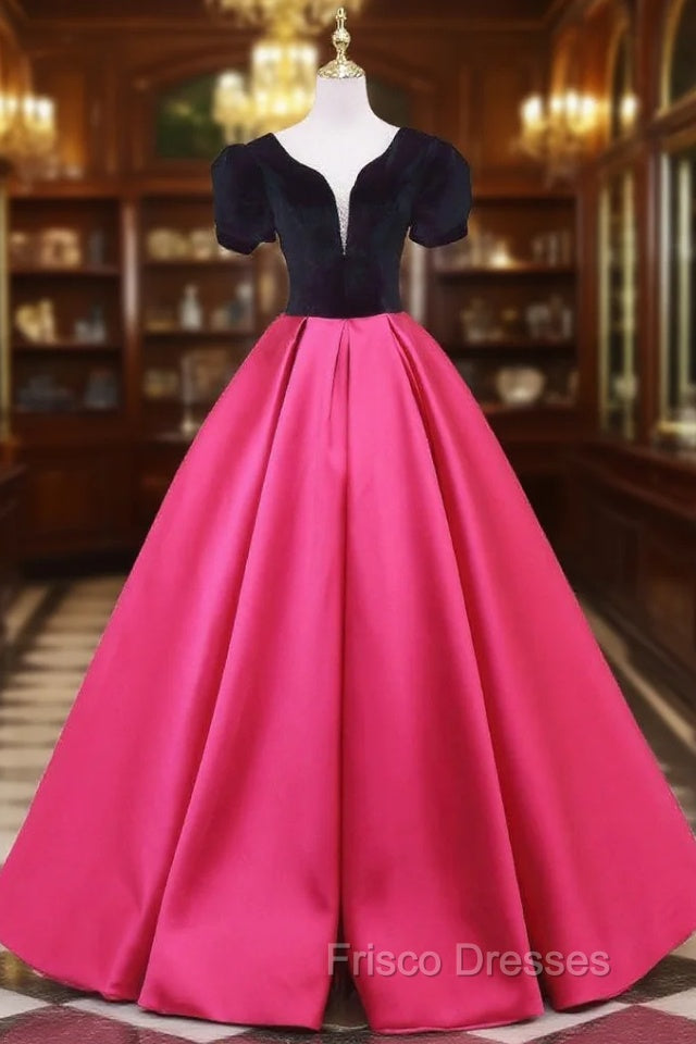 Fuchsia Satin Black Velvet Short Sleeve Formal Prom Dress