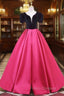 Fuchsia Satin Black Velvet Short Sleeve Formal Prom Dress