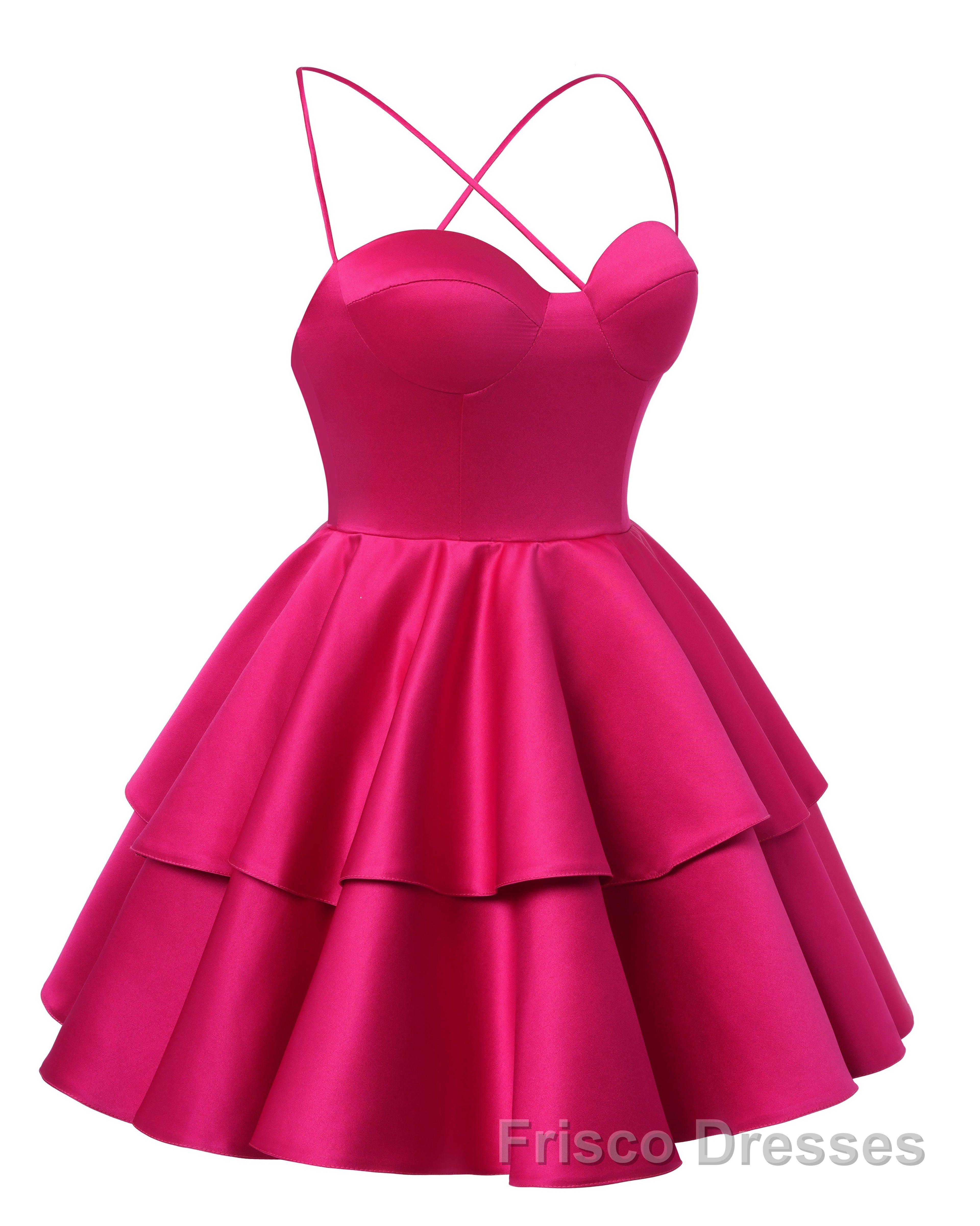 Fuchsia Satin Homecoming Dresses Sweetheart Neck Tiered Short Graduation Dresses