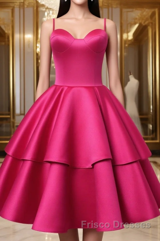 Fuchsia Satin Homecoming Dresses Sweetheart Neck Tiered Short Graduation Dresses Main image