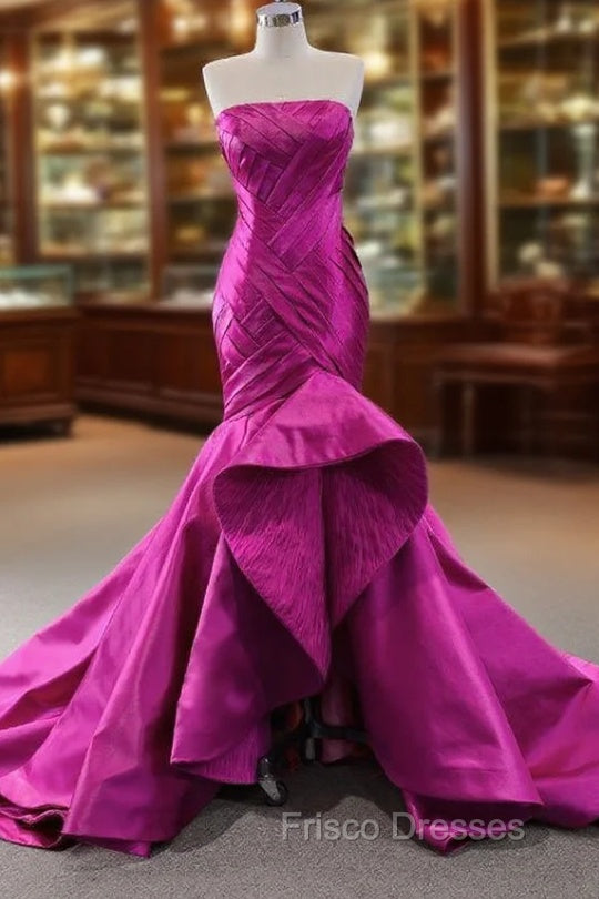 Fuchsia Satin Mermaid  Pleats Formal Prom Dress