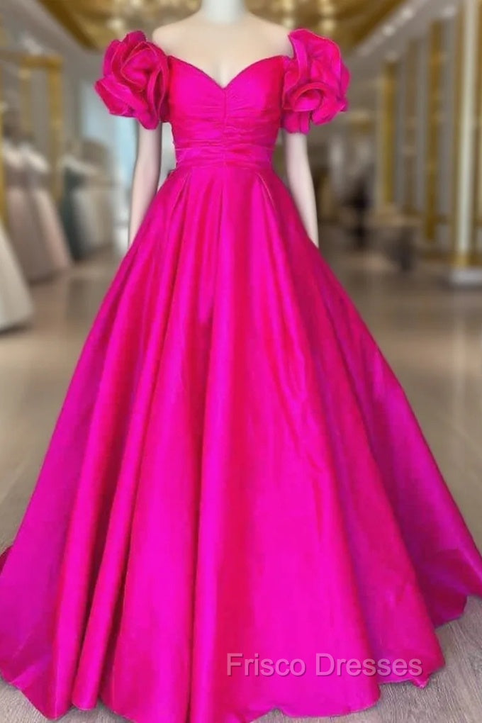 Fuchsia Satin Off the Shoulder Ruffle Formal Prom Dress