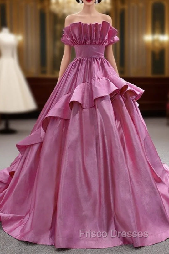 Fuchsia Satin Strapless Pleats Formal Prom Dress