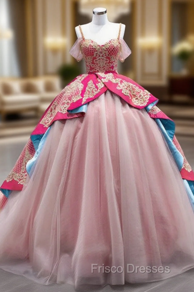 Fuchsia Satin Tulle Spaghetti Straps Appliques Formal Prom Dress