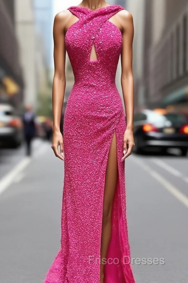 Fuchsia Sequins Backless Formal Prom Dress Main image