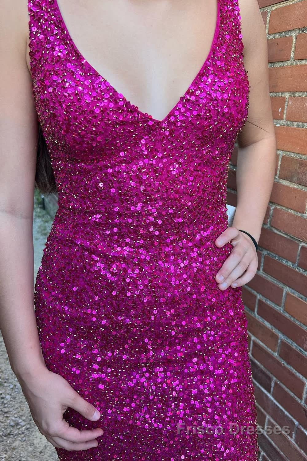 Fuchsia Sequins Backless Sheath Prom Dress