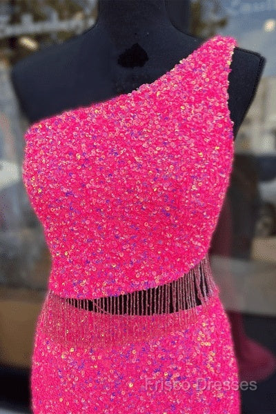Fuchsia Sequins One Shoulder Cut-Out Tassels Long Formal Prom Dress With Slit