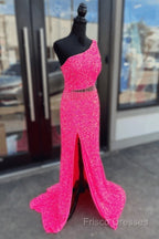Fuchsia Sequins One Shoulder Cut-Out Tassels Long Formal Prom Dress With Slit