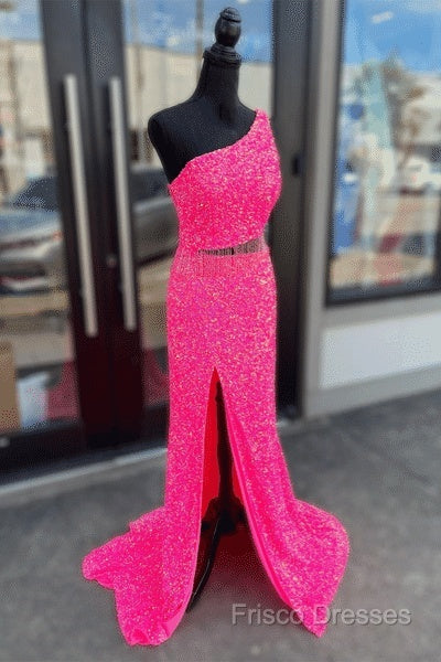 Fuchsia Sequins One Shoulder Cut-Out Tassels Long Formal Prom Dress With Slit