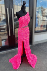 Fuchsia Sequins One Shoulder Cut-Out Tassels Long Prom Dress With Slit