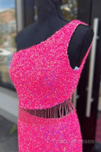 Fuchsia Sequins One Shoulder Cut-Out Tassels Long Formal Prom Dress With Slit