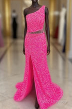Fuchsia Sequins One Shoulder Cut-Out Tassels Long Formal Prom Dress With Slit