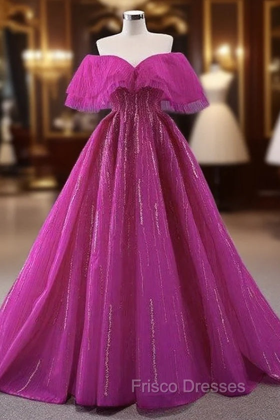 Fuchsia Tulle Beading Off the Shoulder Formal Prom Dress