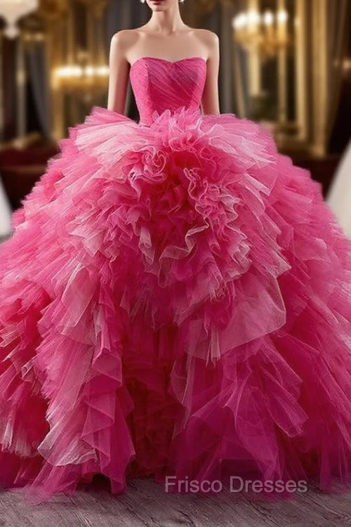 Fuchsia Tulle Strapless Pleats Tiers Princess Dress Main image