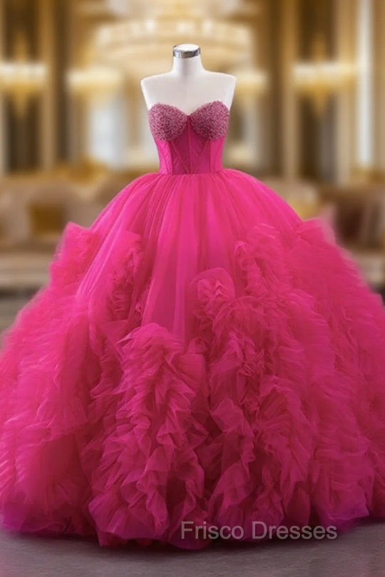 Fuchsia Tulle Sweetheart Neck Pearls Formal Prom Dress Main image