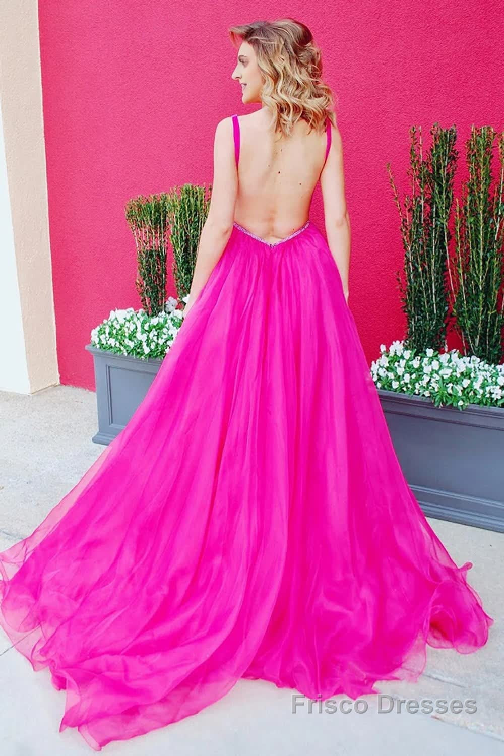 Fuchsia V-Neck Backless Long Prom Dress Secondary image