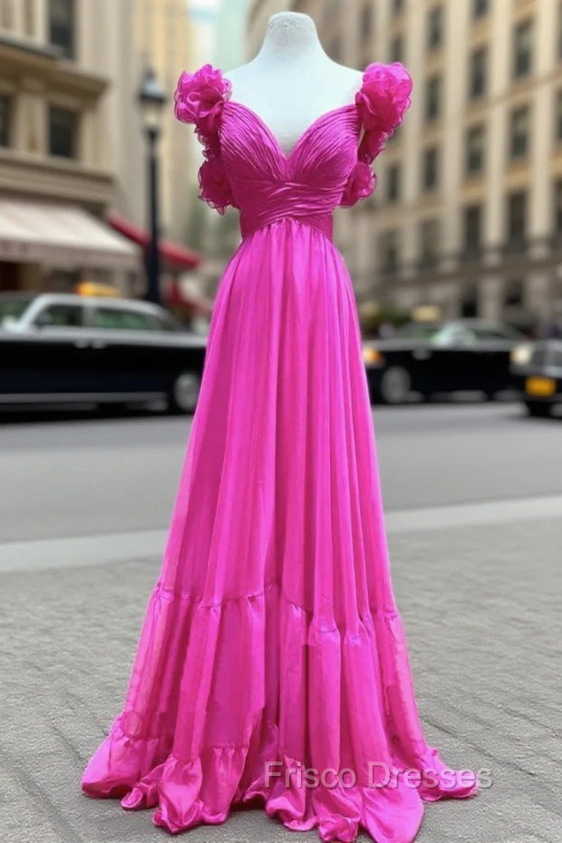 Fuchsia V-neck Pleats Backless Formal Prom Dress Main image