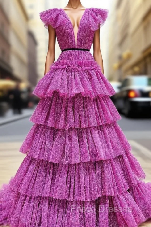 Fuchsia V-neck Pleats Tiers Formal Prom Dress