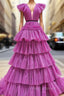 Fuchsia V-neck Pleats Tiers Formal Prom Dress