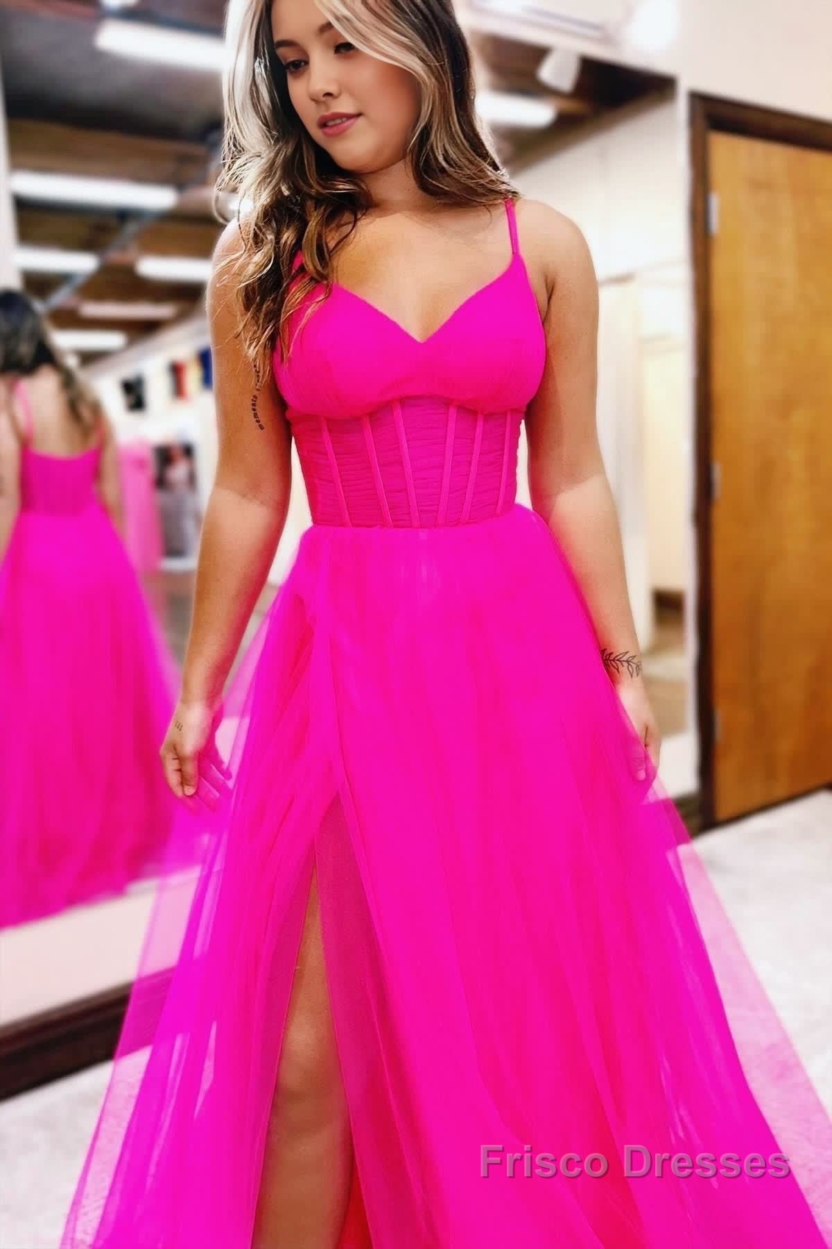 Fuchsia V-Neck Sheer Bodice A-Line Long Prom Dress with Slit Secondary image