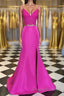 Fuchsia V Neck Two Pieces Mermaid Lace Top Satin Long Formal Prom Dresses with Slit, Mermaid Lace Fuchsia Formal Graduation Evening Dresses