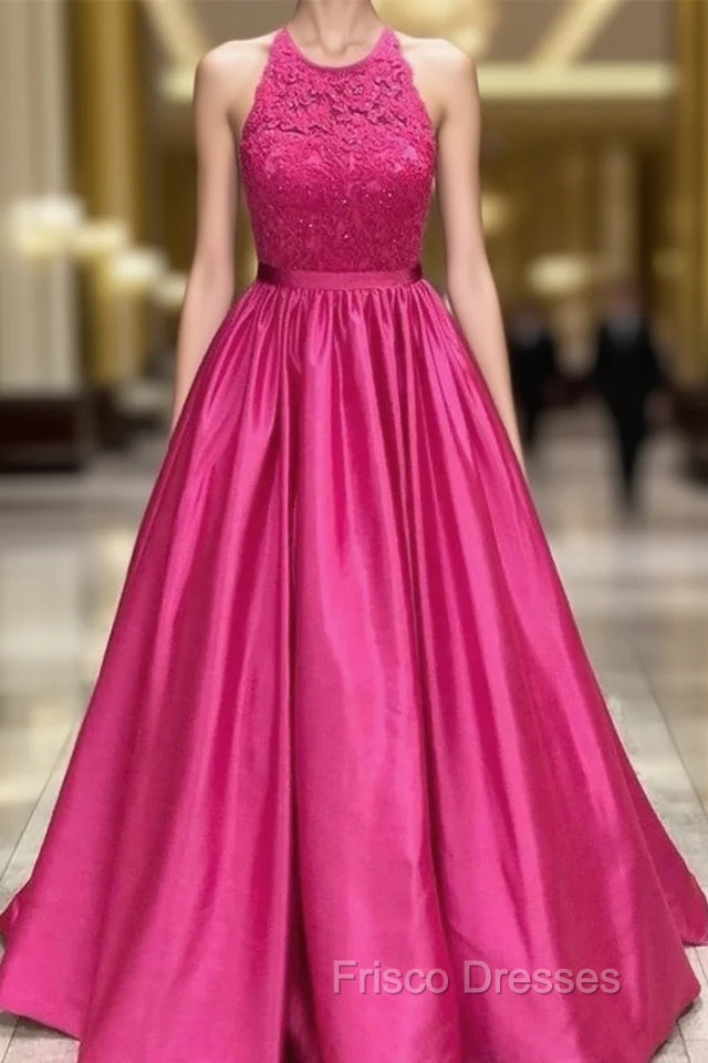 Fuscia Lace Appliques Satin Halter Formal Prom Dress Main image