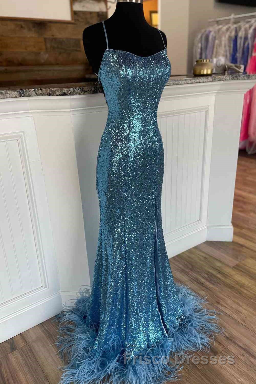 Long Sequined Blue Straps Formal Prom Dress with Feather Hem Secondary image