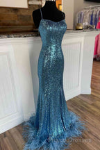 Long Sequined Blue Straps Formal Prom Dress with Feather Hem