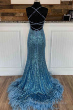 Long Sequined Blue Straps Formal Prom Dress with Feather Hem