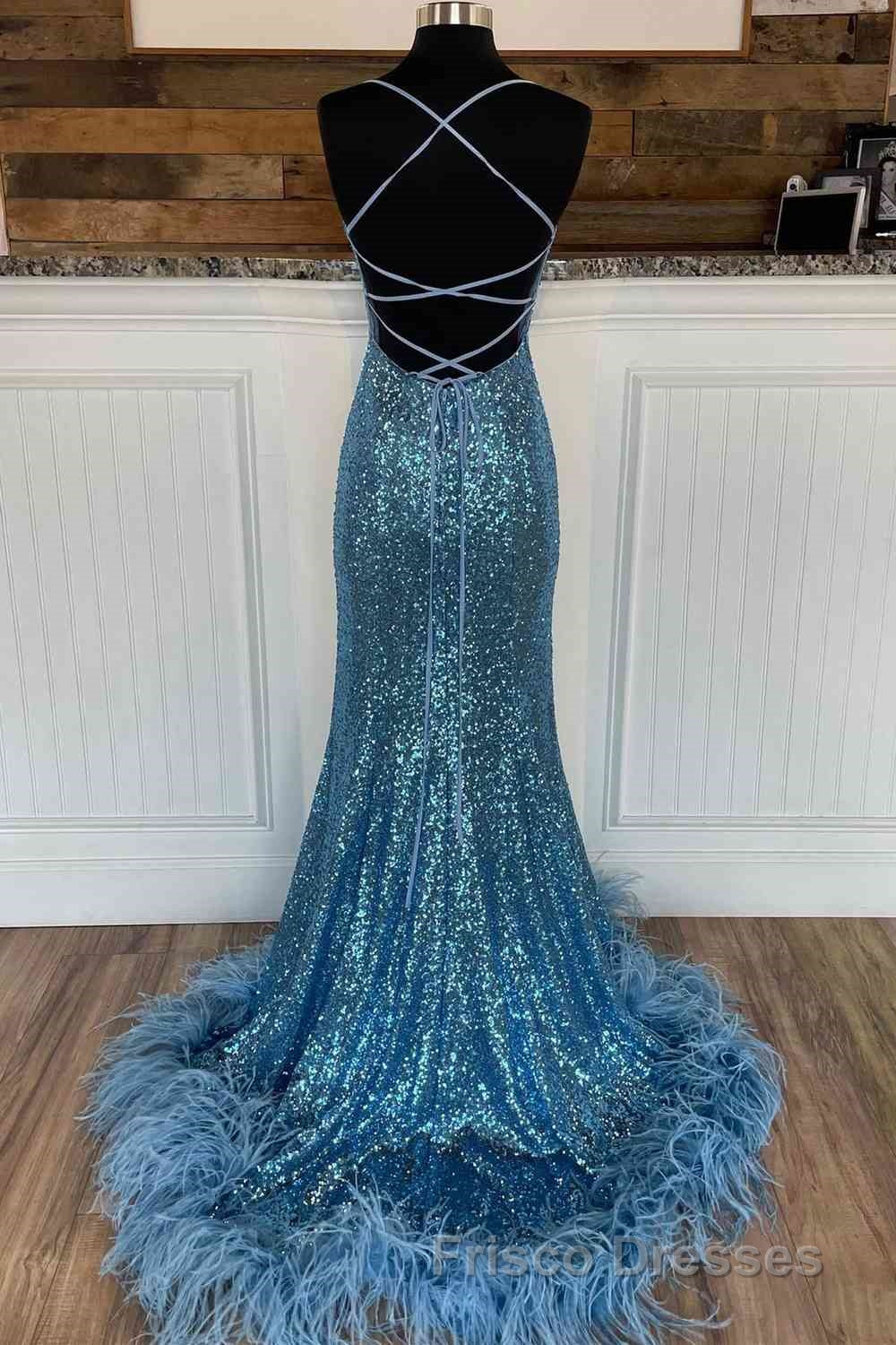 Long Sequined Blue Straps Formal Prom Dress with Feather Hem