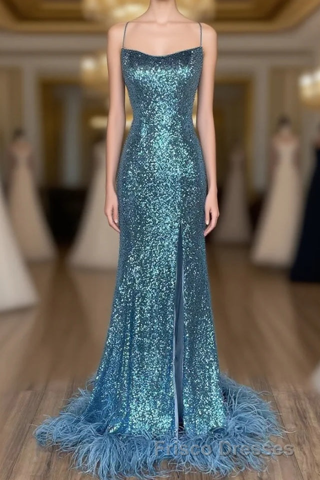 Long Sequined Blue Straps Formal Prom Dress with Feather Hem